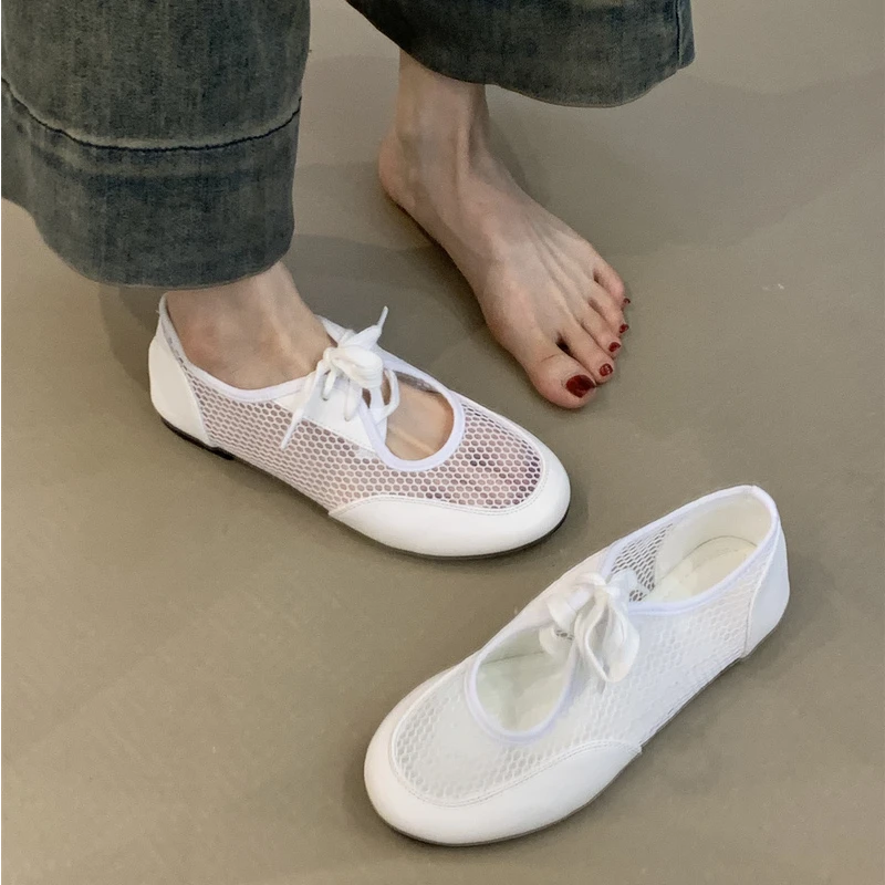 JXH-621-6韩版圆头平底单鞋女2025网纱渔网透气百搭一脚蹬德训鞋