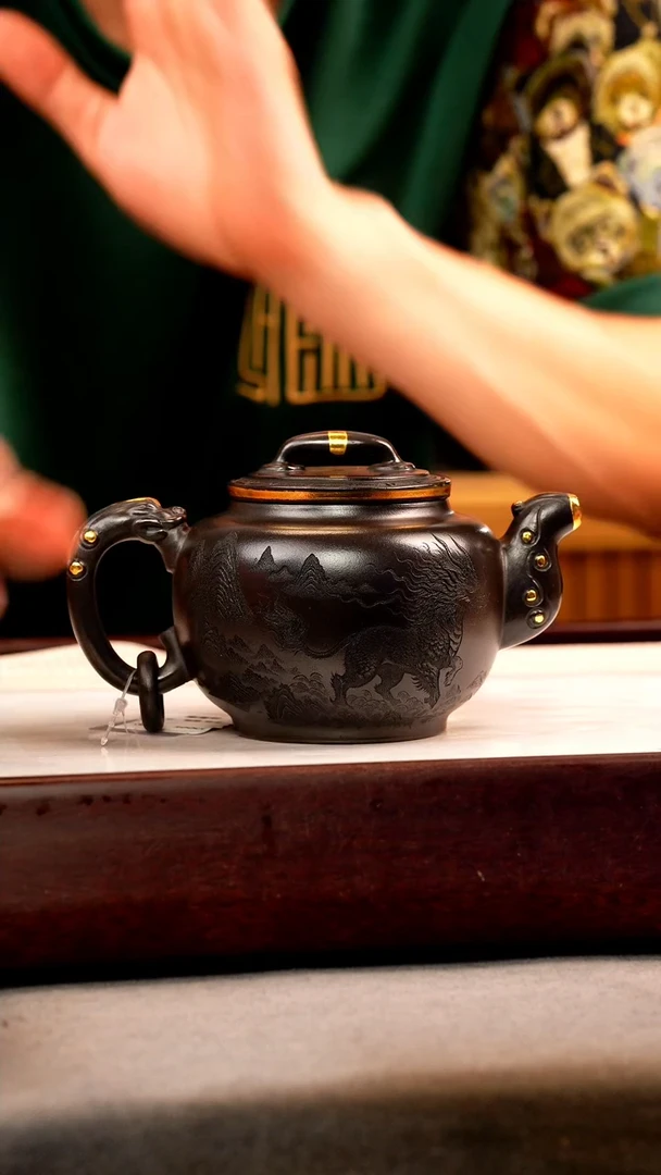 茶壶紫砂石黄 如意鼓壶 麒麟 描金