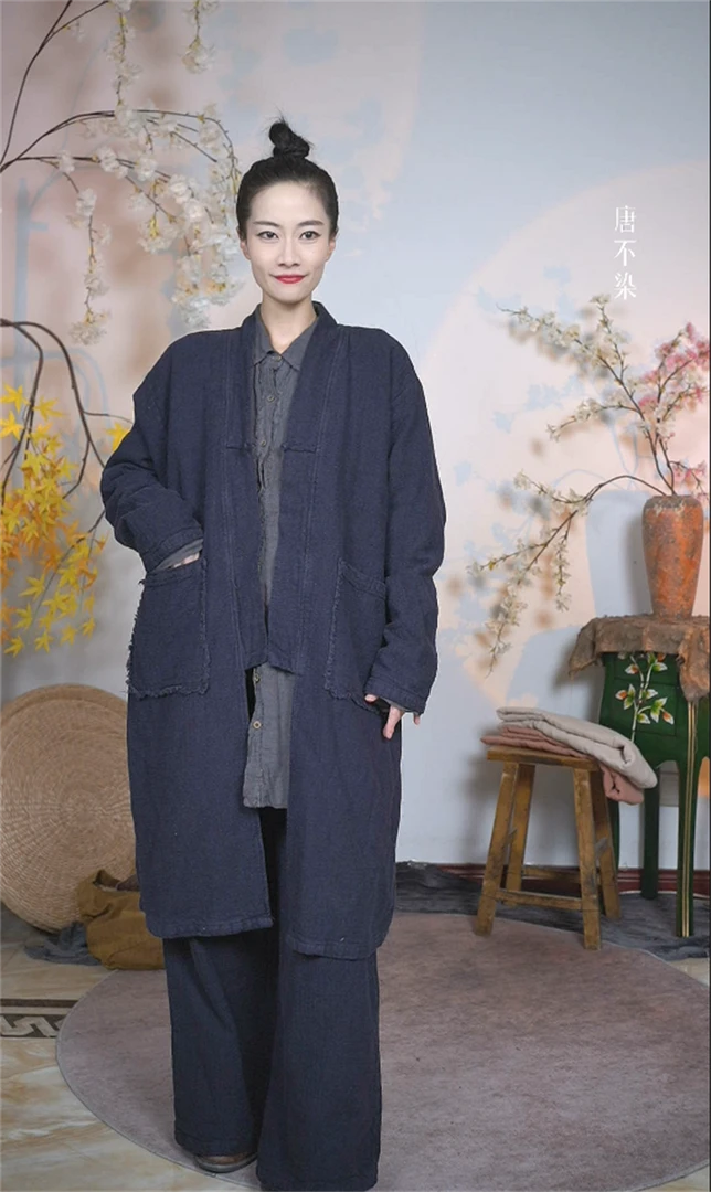 唐不染-春光外套62473/亚麻风衣文艺复古大气禅意双层长衫带里衬