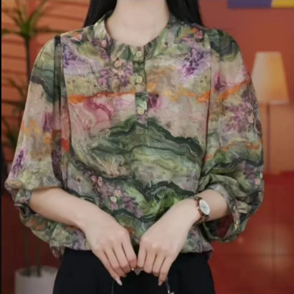 2025年春夏新款宽松显瘦气质显瘦印花衬衫