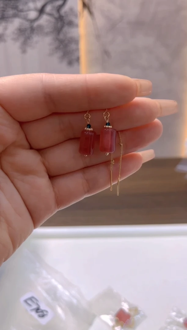 银S925镀金镶嵌耳饰西瓜碧玺E708