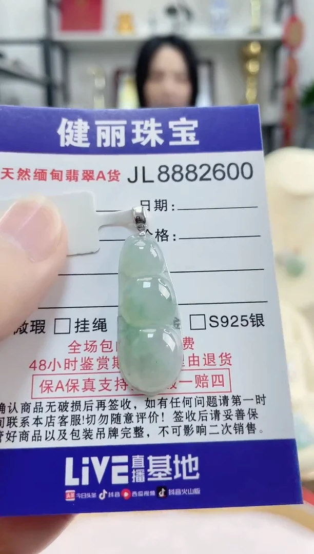 颈饰18K金镶嵌翡翠天然缅甸翡翠A货 富贵豆(一物一证)+银链