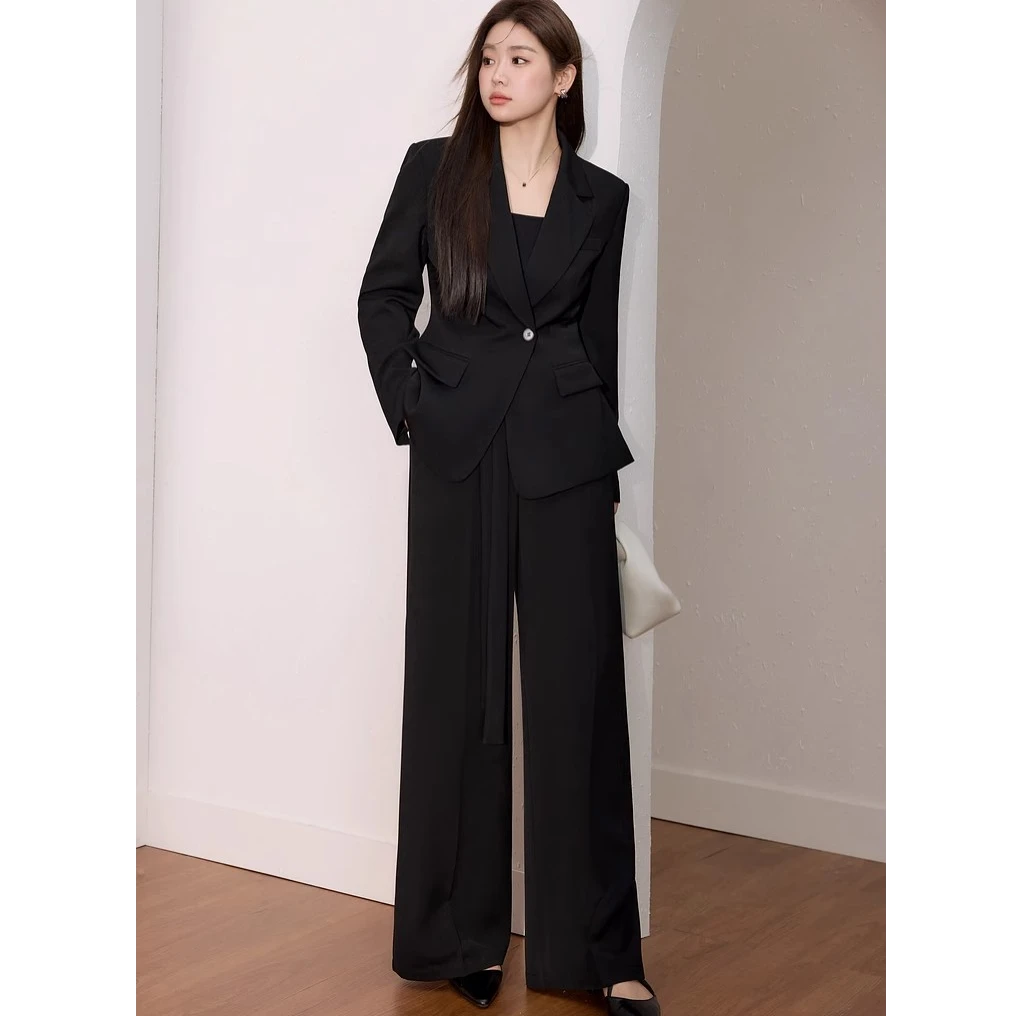 大码女装气质收腰显瘦西装外套黑色阔腿裤两件套秋季通勤西装套装