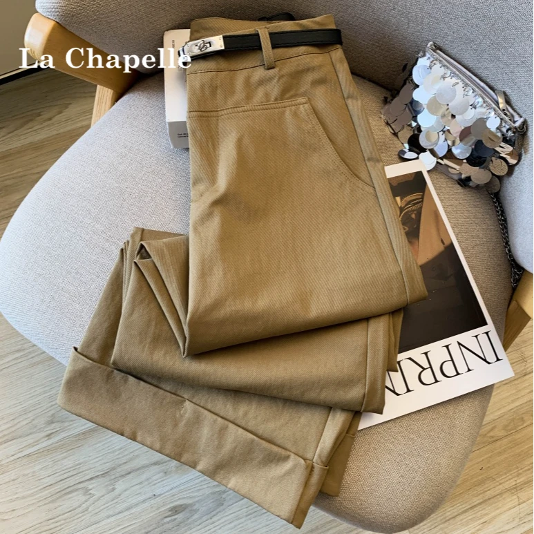 拉夏贝尔卡其色休闲裤女早秋冬新款极简宽松直筒裤松弛感直筒裤子