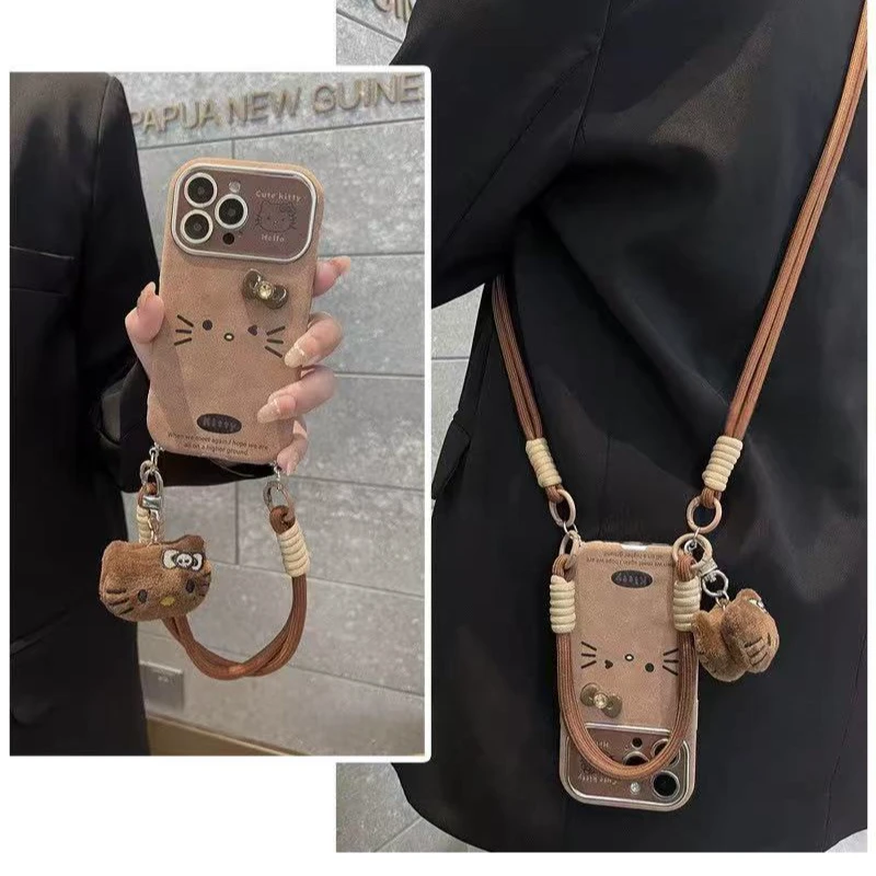 ins日韩棕色kt猫皮纹大视窗适用iphone17pro手机壳苹果16pro新p80