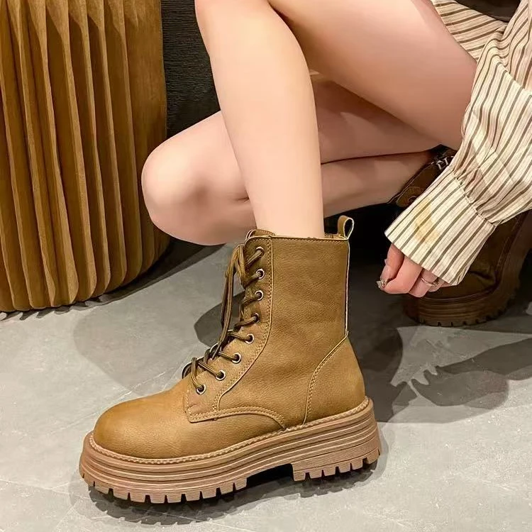 6173 加绒二棉马丁靴女2024新款春秋单靴英伦风炸街工装复古短靴
