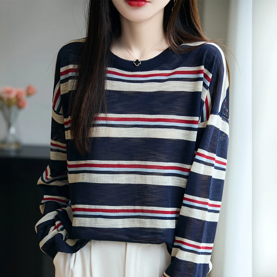 哥弟阿玛施正品秋季新款条纹圆领长袖毛针织衫女T恤时尚百搭上衣