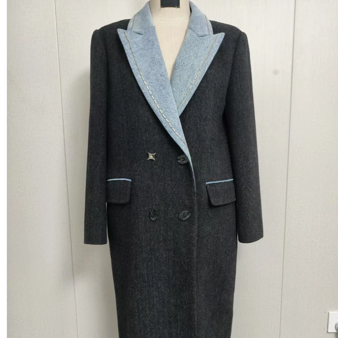 秋冬厚款毛呢大衣中长款冬季翻领毛呢休闲不起球条纹