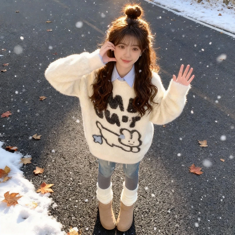 初中生日系软糯圆领毛衣外穿秋冬女大童高中学生宽松网红针织衫