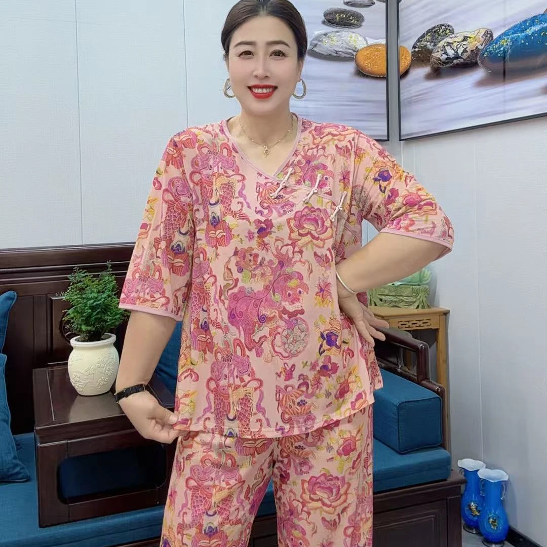 夏季碎花网红爆款步步生莲风格女士家居服时尚休闲宽松版