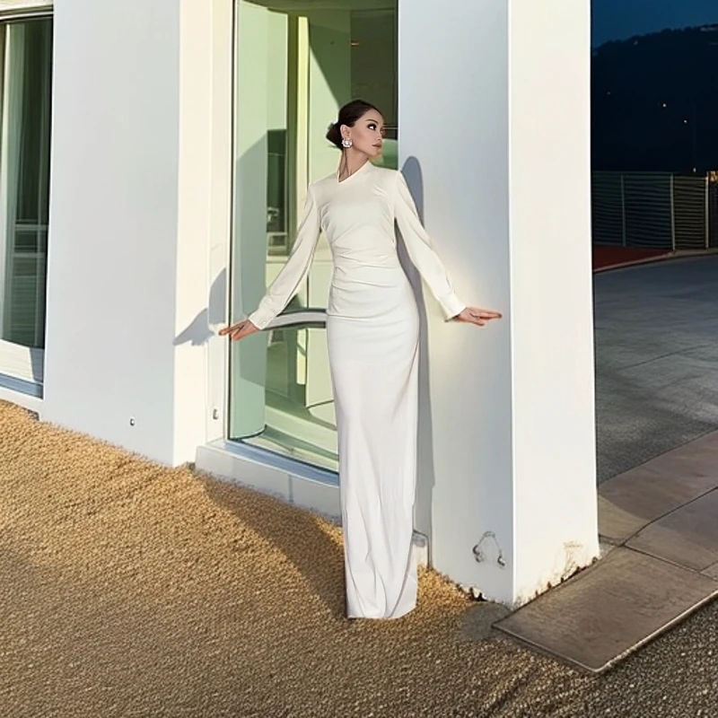气质长袖白色连衣裙性感显瘦时尚简约长款修身优雅宴会
