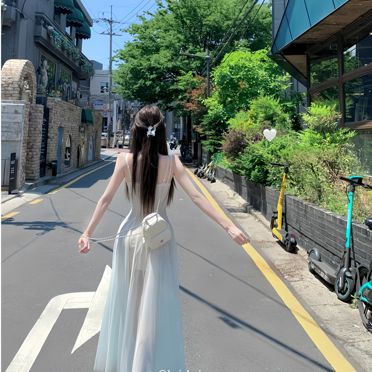 工厂清货福利~薄荷绿网纱连衣裙女新款氛围感收腰显瘦裙子QKL1255