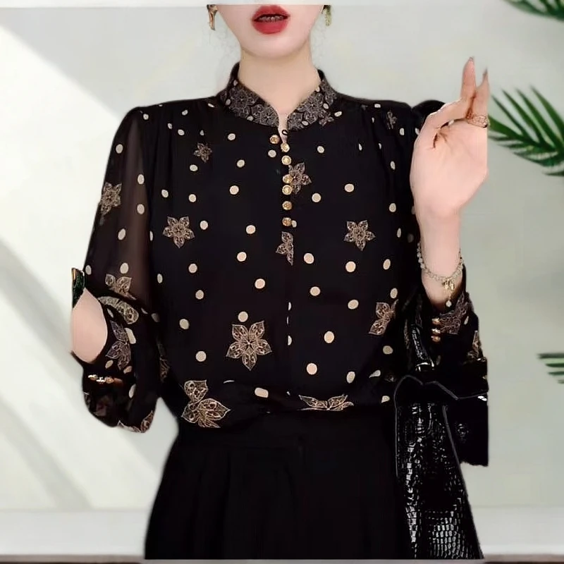 2025夏季新款女士国风设计漂亮别致小衫印花时尚薄款长袖衬衣8937