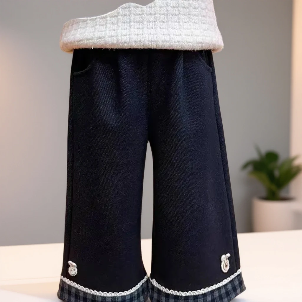 女童秋冬季洋气一体绒加绒直筒阔腿裤外穿保暖休闲裤女童加绒裤子