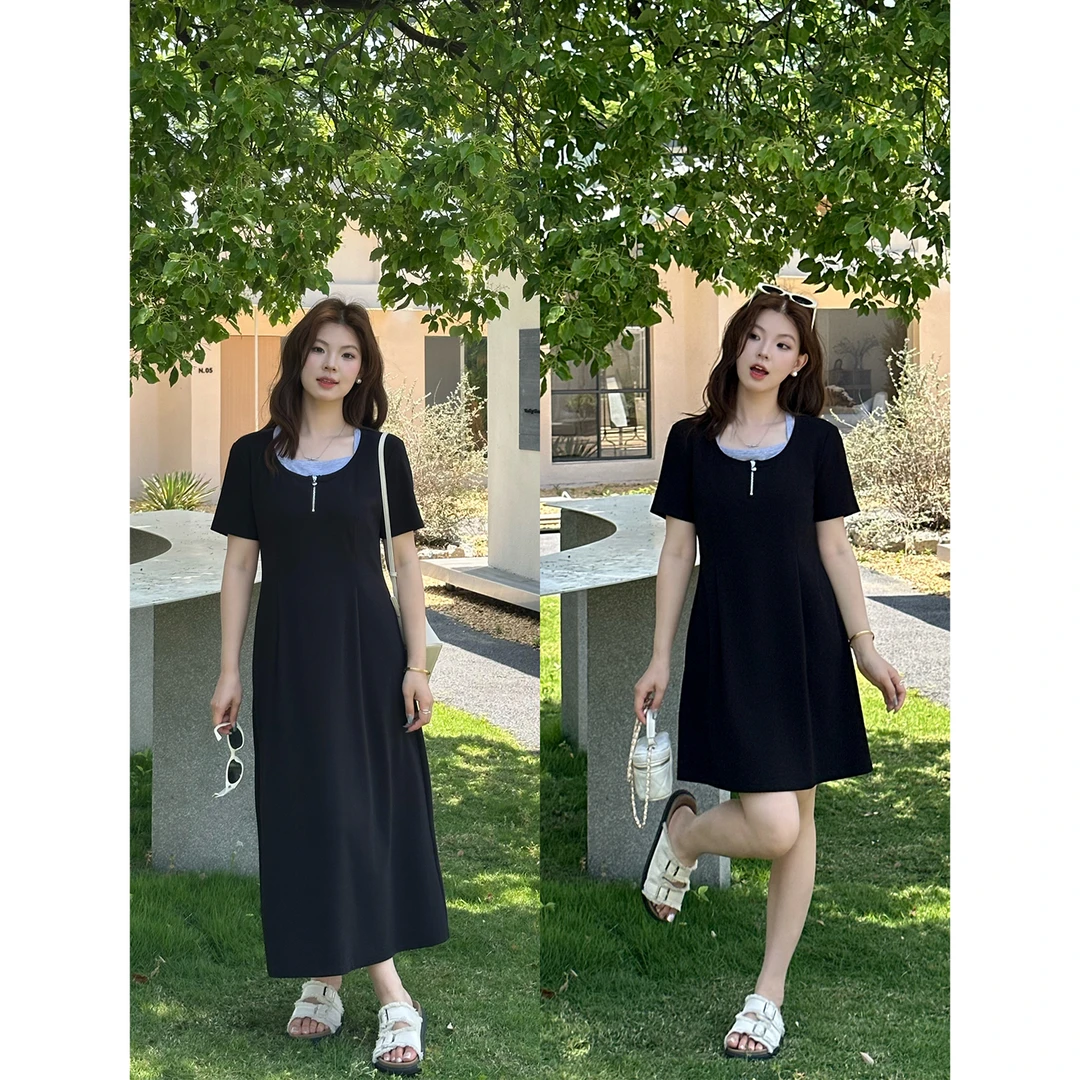 裂渡宣宣【松露小黑裙】微胖大码女夏针织T恤+长短款连衣裙ZY506F44