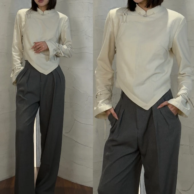 轻民族老钱风亚麻盘扣套装长袖