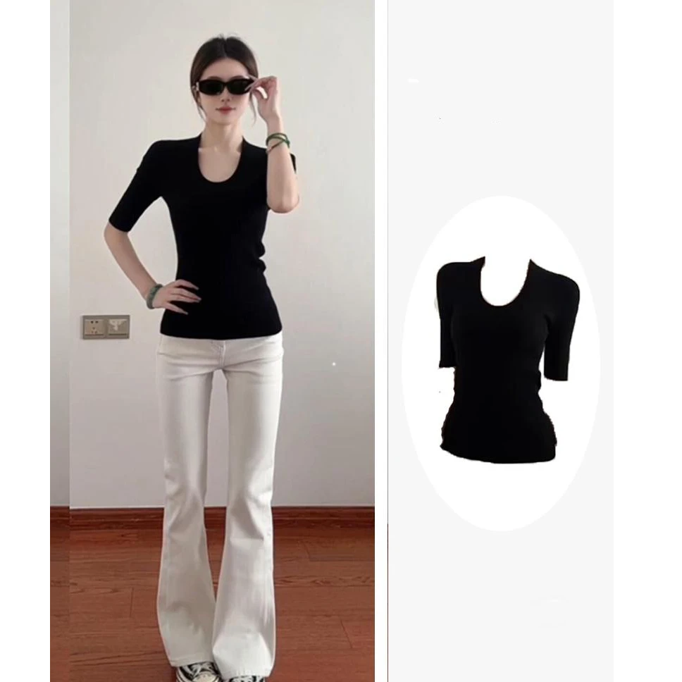 黑色正肩领半袖恤女春季新款修身收腰显瘦纯欲风上衣