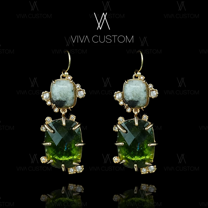 铜合金合成锆石耳饰 时尚潮流精美点缀绿色系耳环