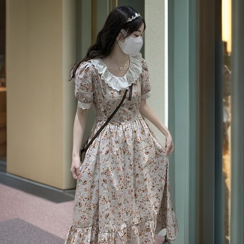 2025碎花短袖宽松腰夏季荷叶袖连衣裙长裙收腰娃娃领泡泡袖气质