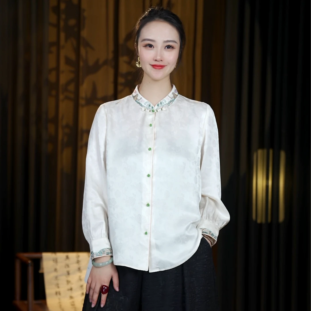 重磅桑蚕丝中式长袖气质白色衬衫中国风百搭时尚SSMF1115-白杏