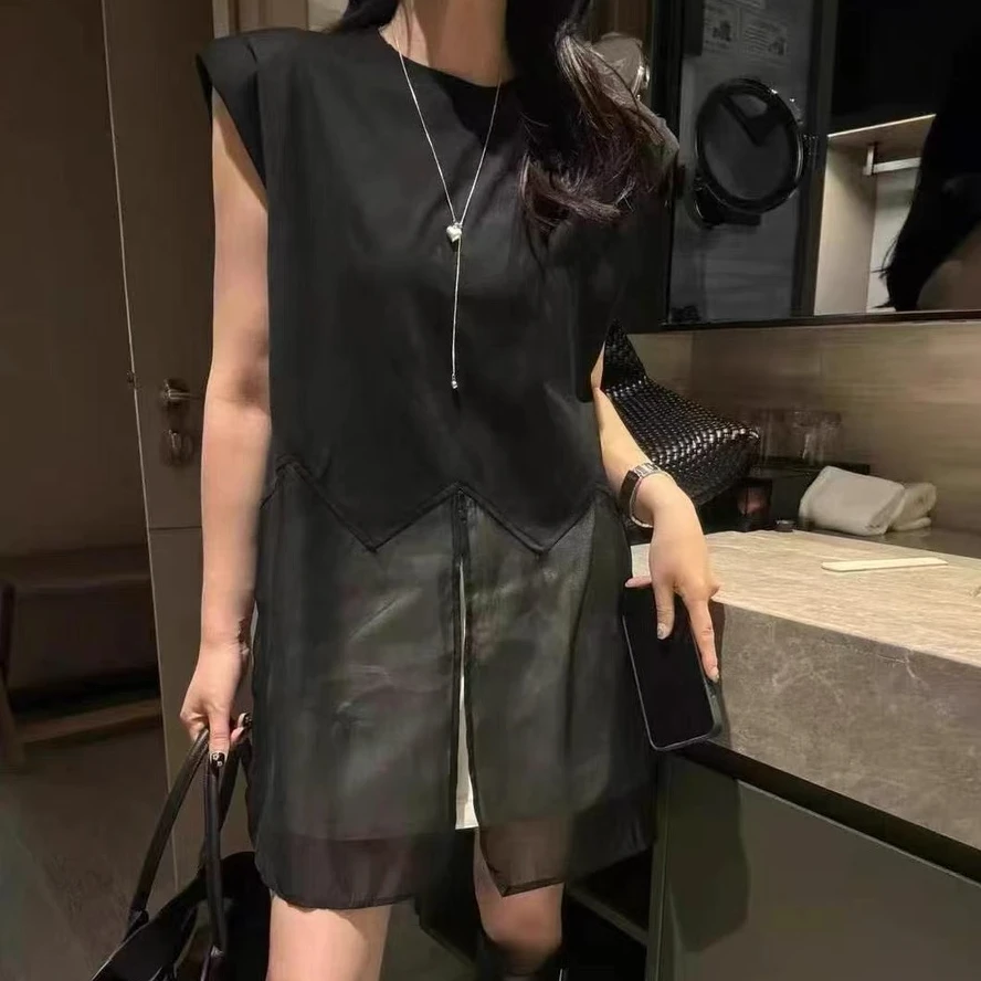 171#2025夏季洋气设计感圆领拼接网纱显瘦百搭无袖T恤衫上衣女