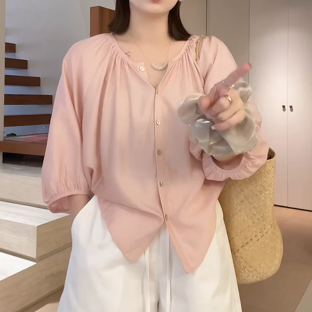 粉芙蓉 夏季气质温柔显瘦显白百搭纯色INS韩系小众衬衫LK2503256