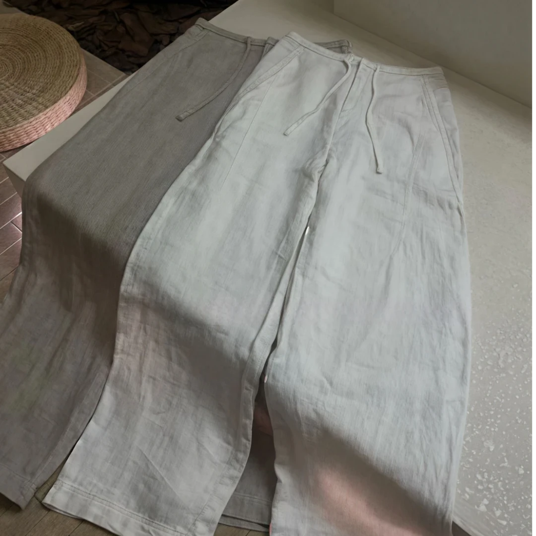 100 亚麻拉劳风 清冷诧寂 弯刀阔腿裤来自欧美法国