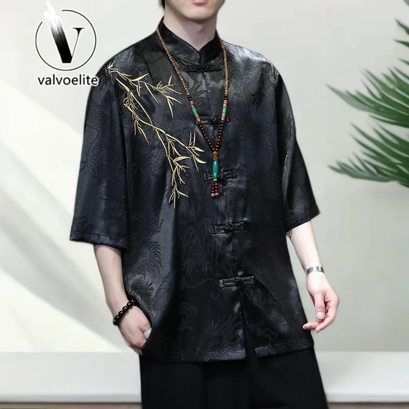 VALVOELITE盘扣刺绣唐装中国风装夏五分袖衬衣薄衬衫男短袖新中式