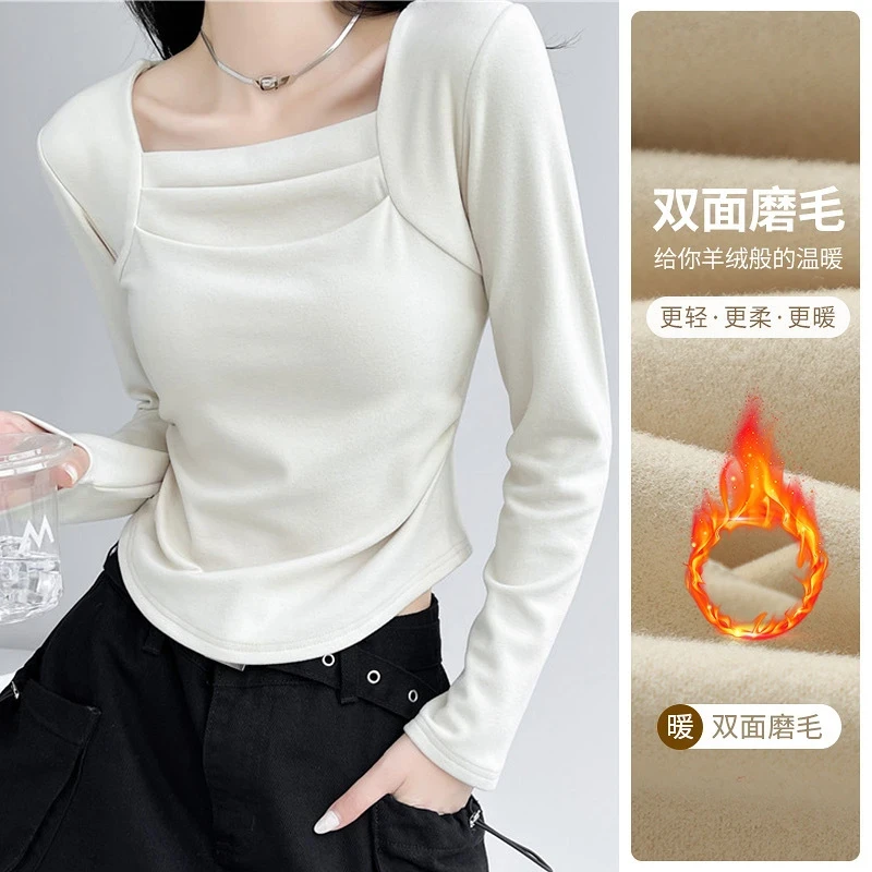 方领打底衫女秋冬2025新款德绒保暖长袖T恤内搭修身外穿显瘦上衣