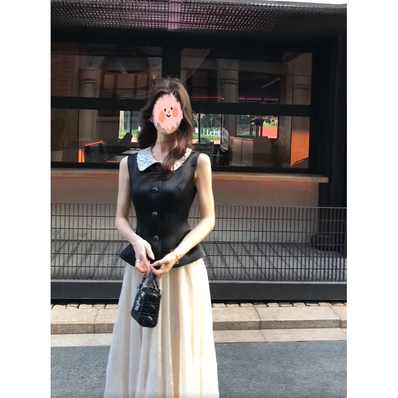 法式千金风气质撞色无袖上衣半身裙套装女2025夏季新款显瘦两件套