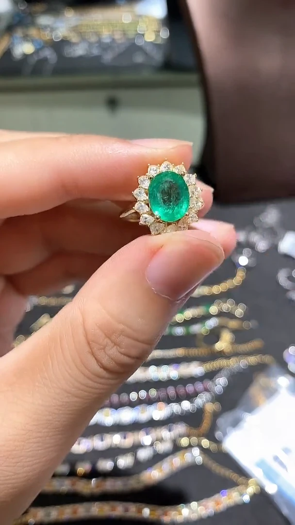 祖母绿戒指银S925镶嵌戒指