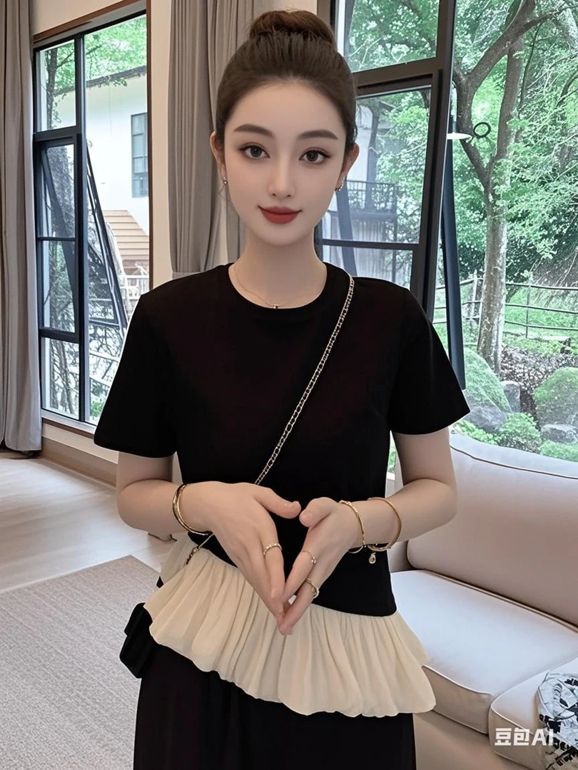 女装黑色芭蕾风荷叶边短袖t恤微胖mm法式高级感显瘦遮肚上衣