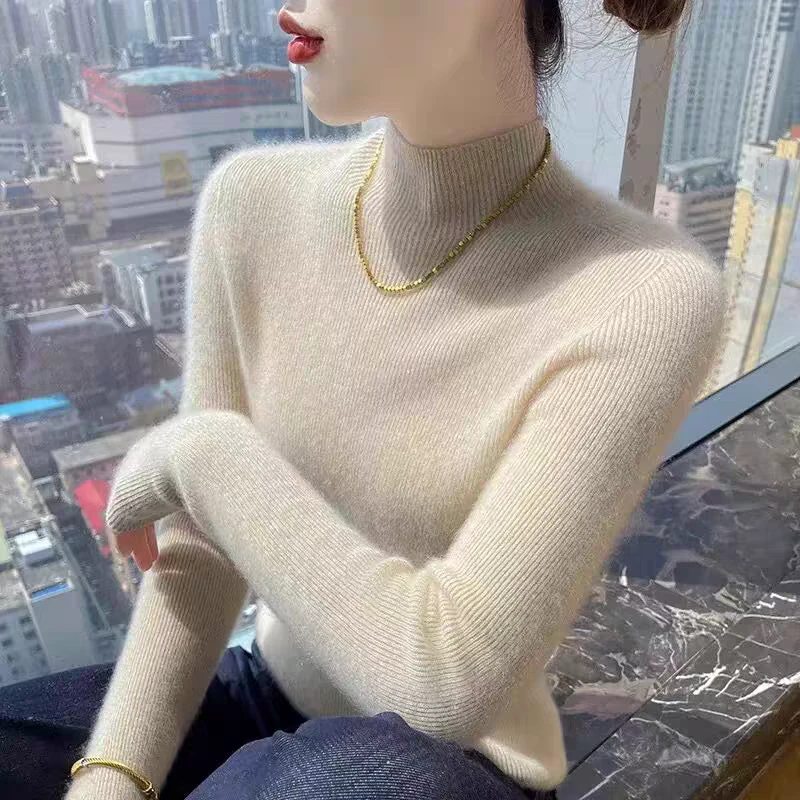 鄂尔多斯市高档新款无缝羊绒衫女半高领修身显瘦秋冬款内搭打底衫