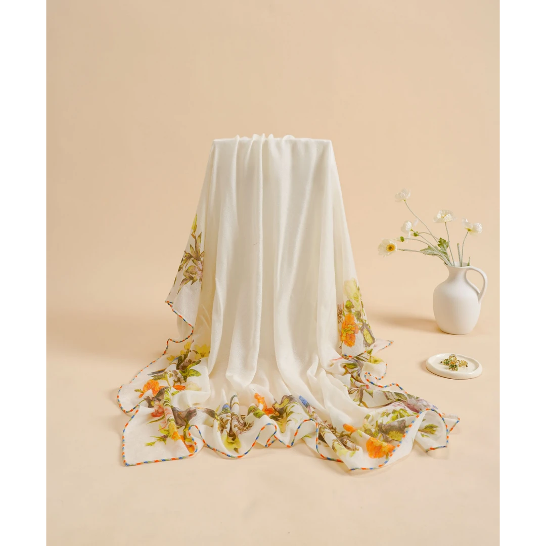 奢凌羊「花鸟绘梦」100%山羊绒秋冬季围巾印花高级薄款披肩外搭护肩