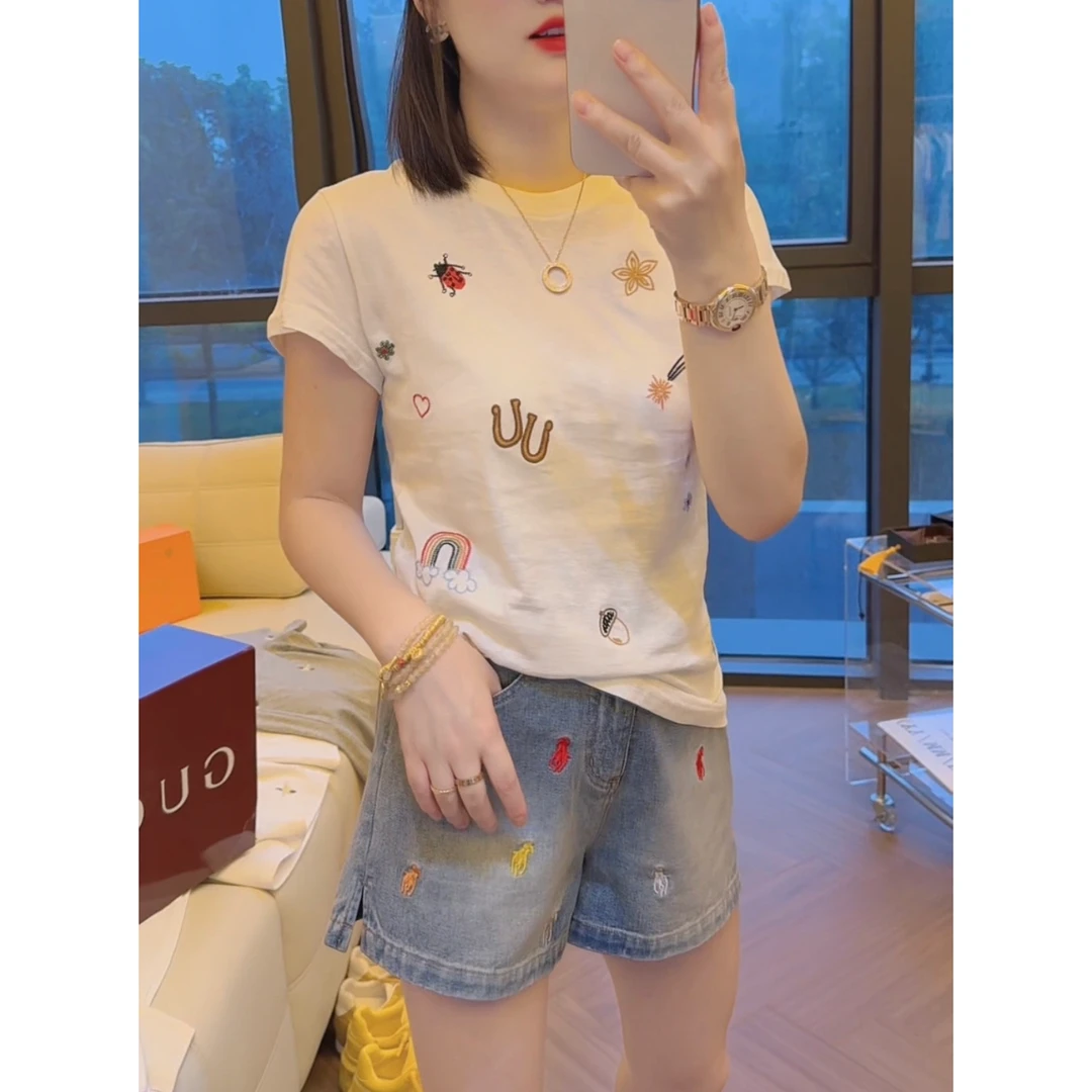 K·K「虹下花虫」韩版时尚短袖圆领刺绣ins透气显瘦T恤