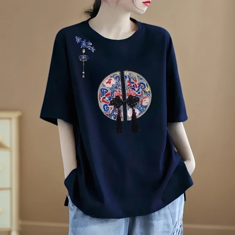 清仓捡漏～100纯棉国风印花T恤中式国风夏季大码休闲减龄显瘦上衣