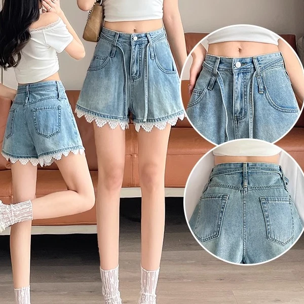 白色蕾丝牛仔短裤女2025夏季宽松小个子今年流苏a字阔腿四分裤子