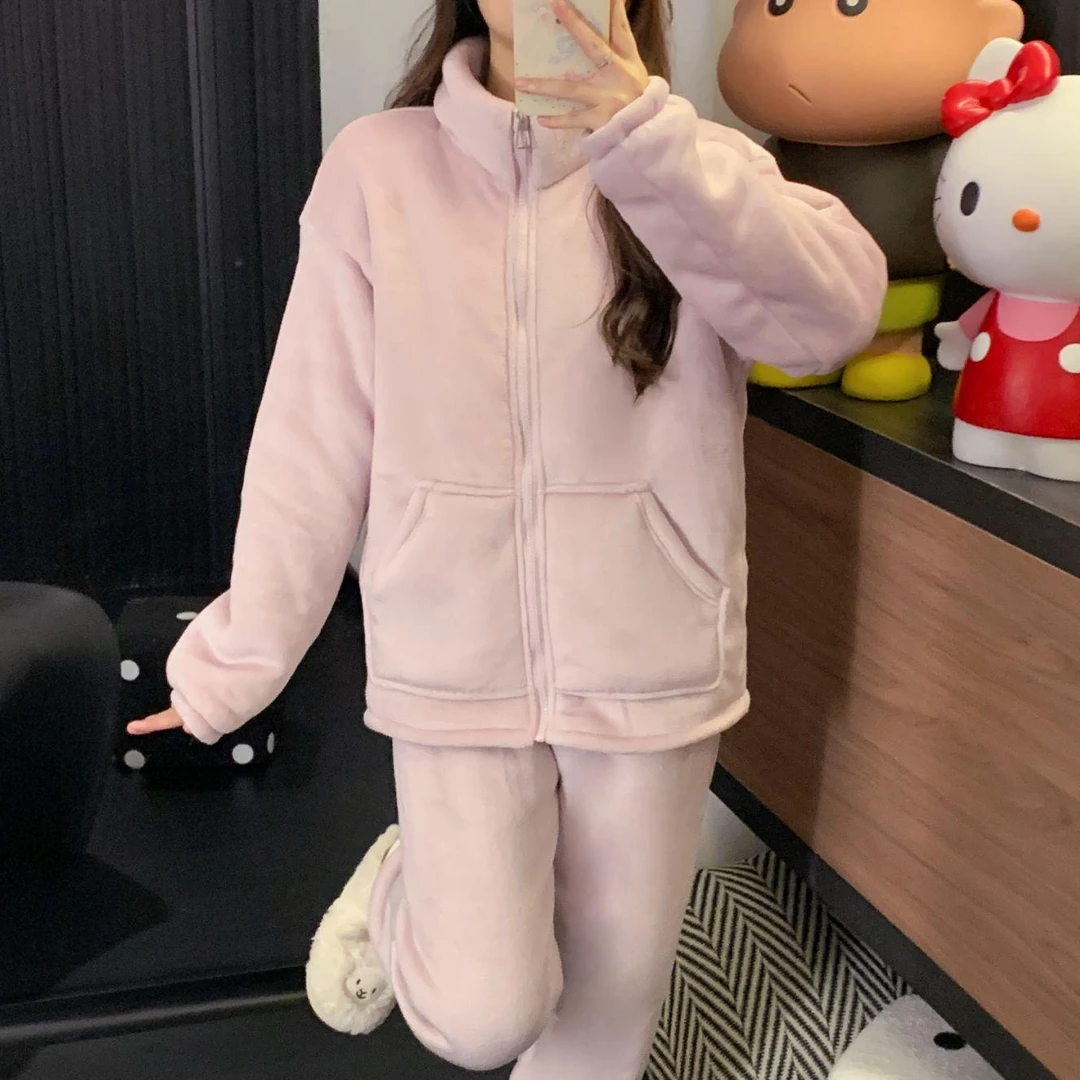 【双层加厚】新款秋冬女士加绒加厚睡衣套装拉链款家居服可外穿L