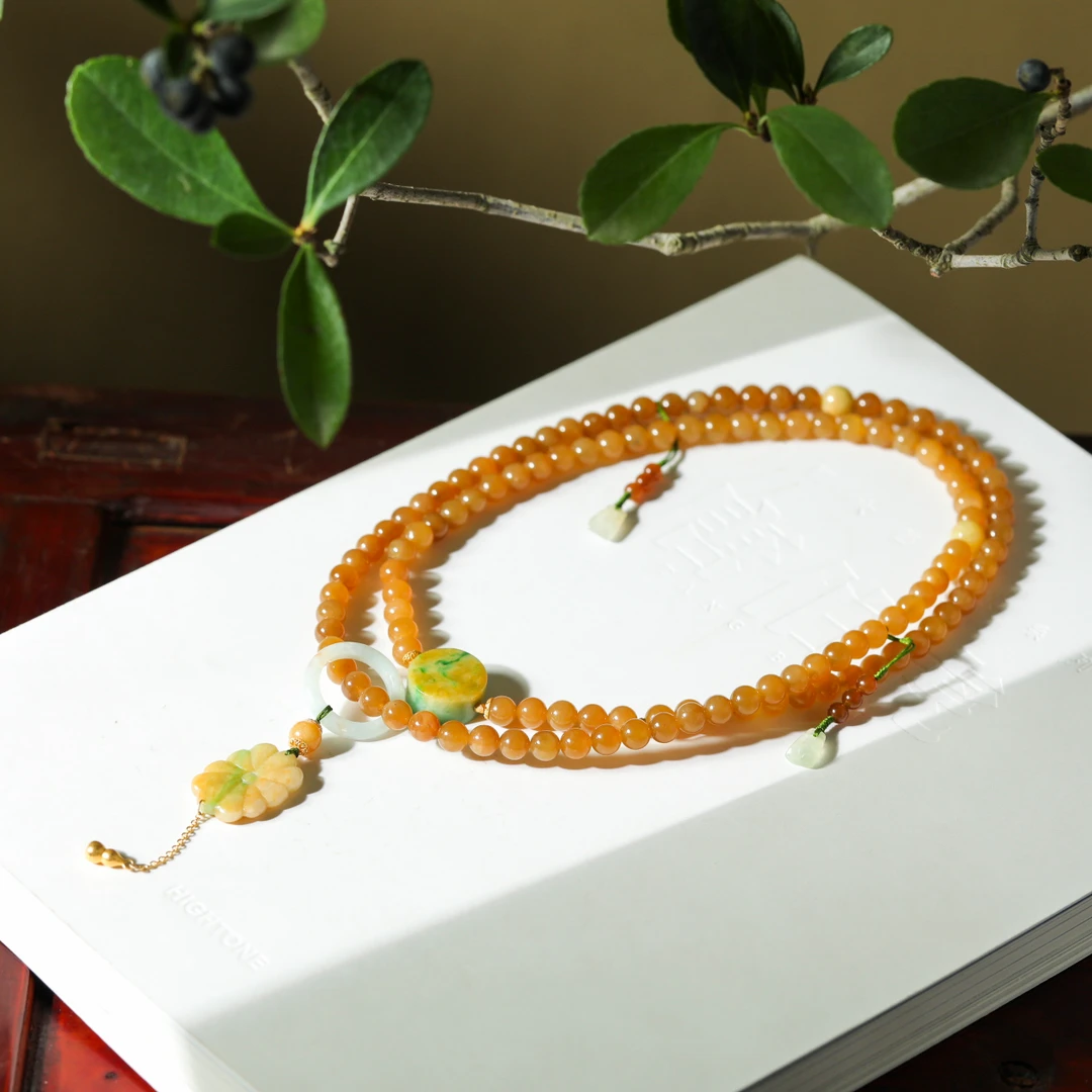 【意婵】108珠天然典藏级和田玉且末糖18K金翡翠-909001