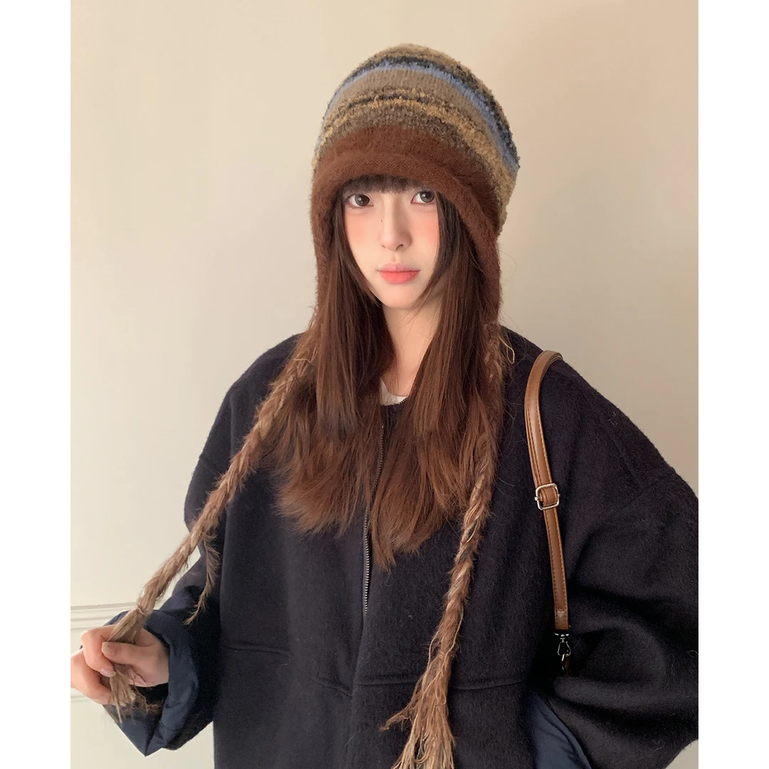 复古美拉德渐变毛绒针织帽子女冬季大头围加厚护耳帽保暖套头帽潮