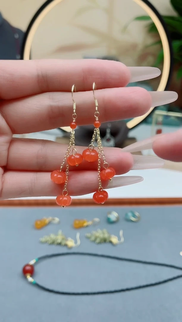 翡翠银S925镶嵌耳饰00南瓜红色