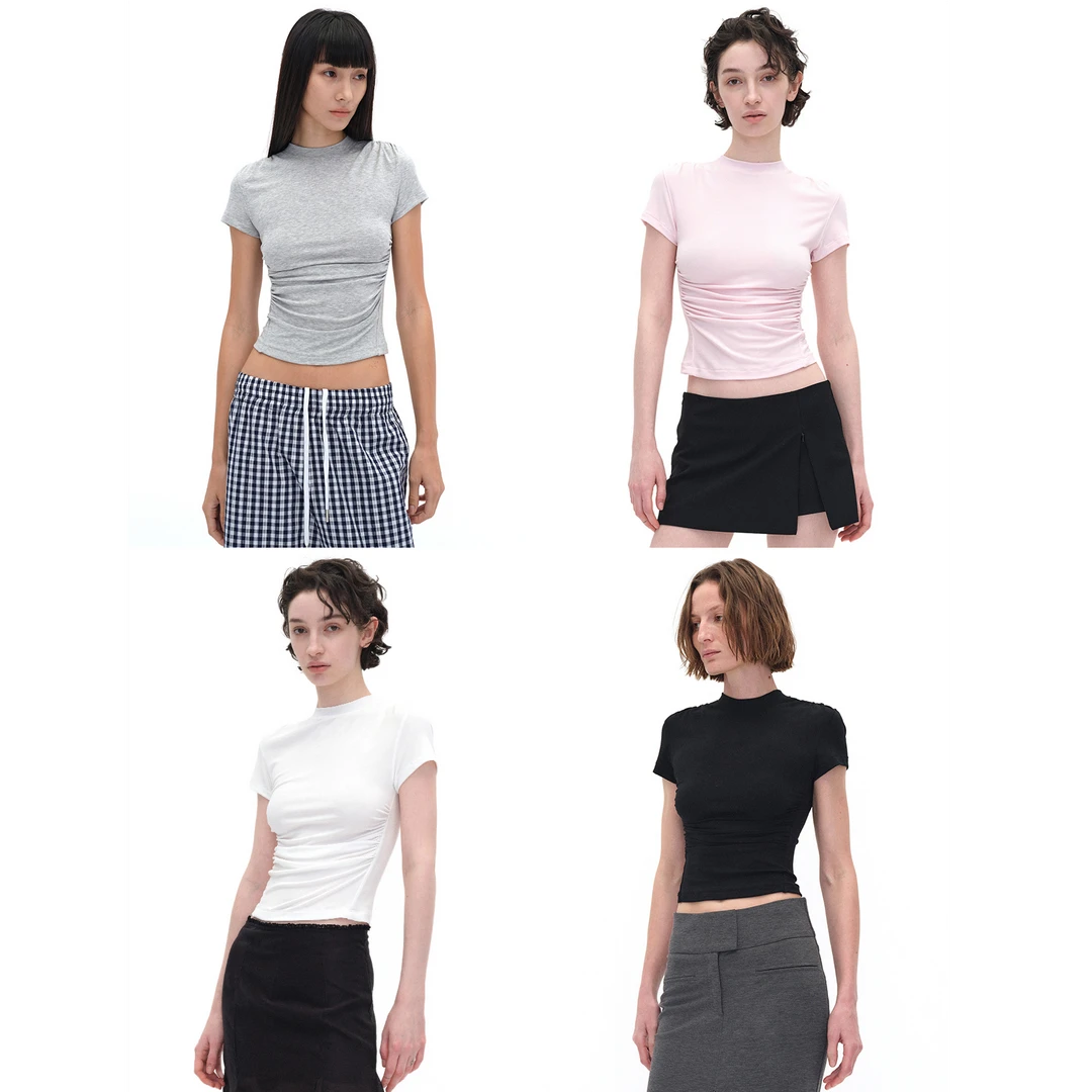 empty page夏季黑/白/粉/灰色褶皱收腰圆领正肩弹力修身百搭T恤