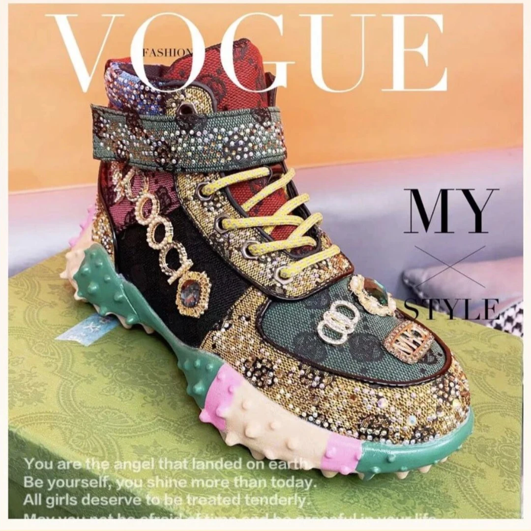 新款2025拼色带钻摇摇鞋休闲鞋女鞋情侣款时尚百搭潮鞋高帮女士鞋