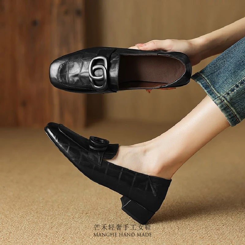法式轻奢|3cm头层牛皮复古单鞋女真皮春秋百搭英伦风低跟方头鞋女