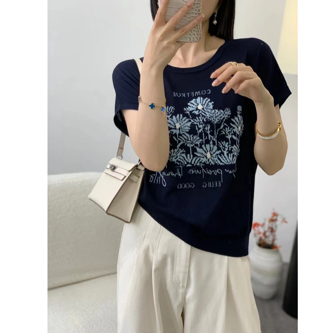 2025夏季新款针织衫女装上衣短袖针织上衣减龄凉快小雏菊1184-1