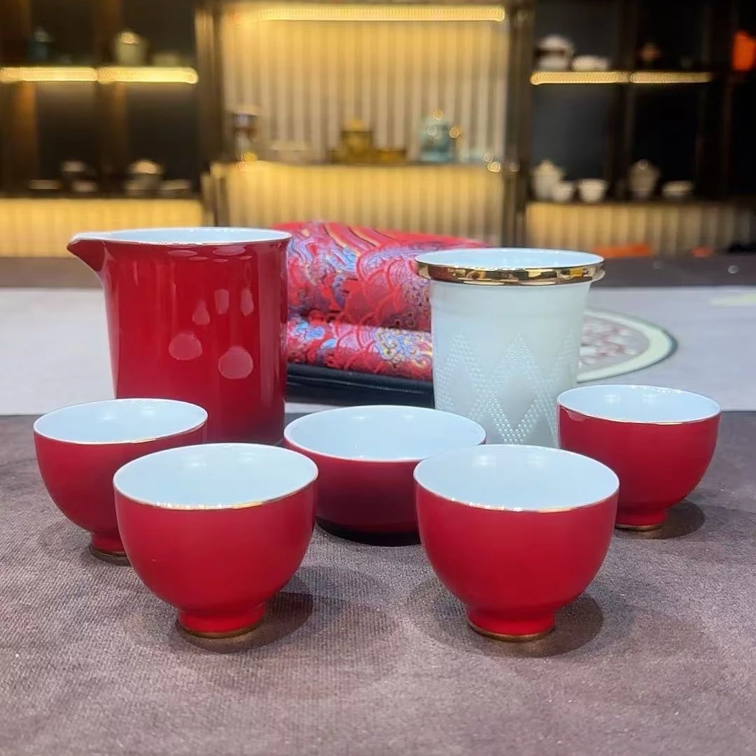 A39中国红描金轻奢快客茶水一壶四杯带便携包茶巾