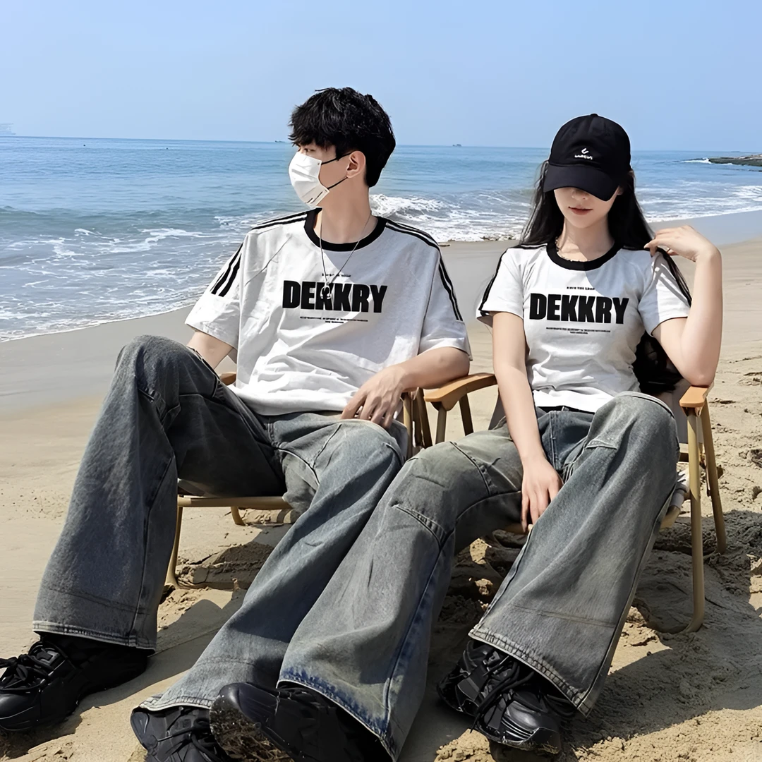 【两件装】特别情侣装夏季短袖一长一短2025新款修身显瘦三条杠纯棉