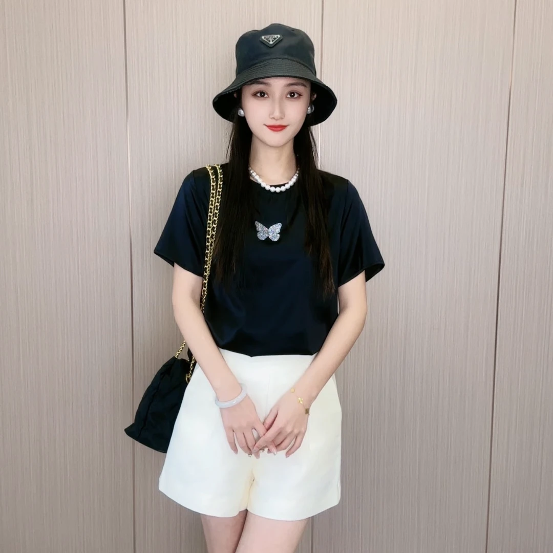 重磅桑蚕丝弹力缎条星光蝴蝶简约短袖全真丝上衣圆领女t恤ZK119