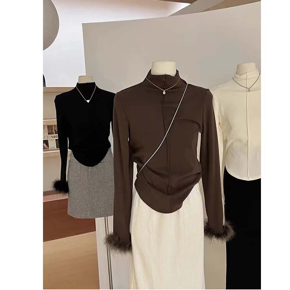 2025气质简约设计感半高领打底衫女秋冬季新款修身毛毛长袖T恤