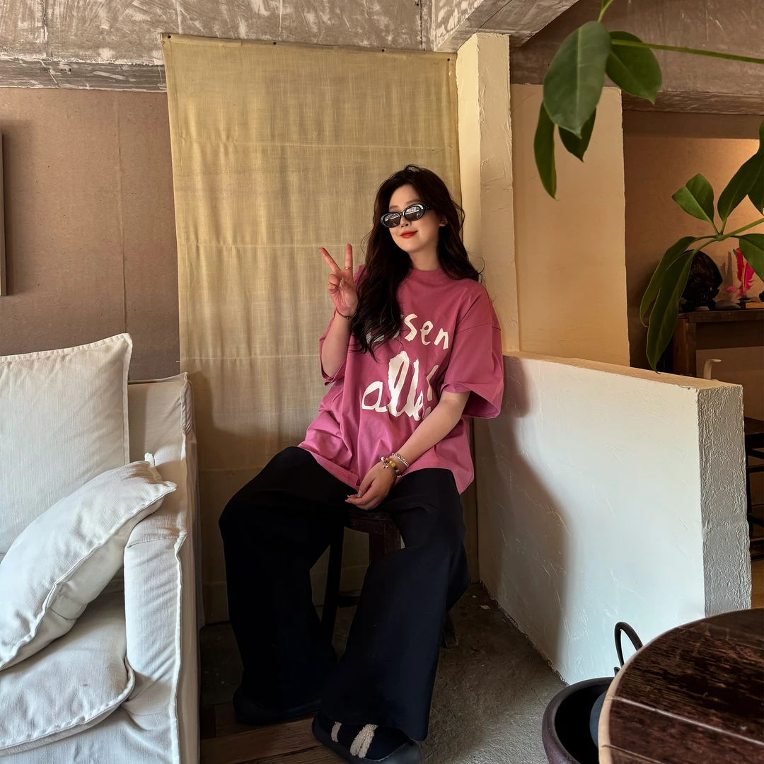 橘子罐头25新款纯棉休闲半袖宽松纯手工ins韩版潮流粉色印花T恤